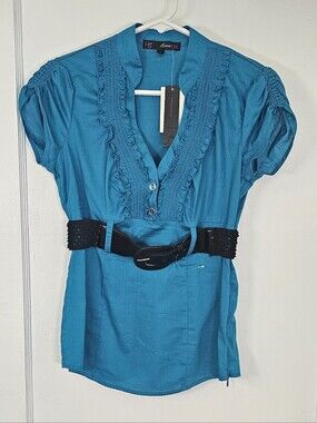 HeartSoul Teal Ruffled V-Neck Blouse with Belt